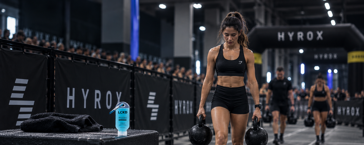 Women performs Hyrox farmers carry using LCKD clear chalk